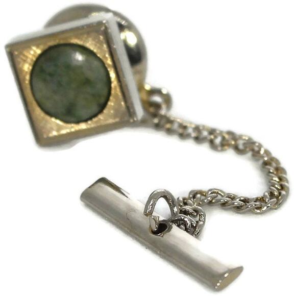 Vintage Gold and Green Stone Tie Tack with Chain, Vintage Men's Accessories - Picture 1 of 10